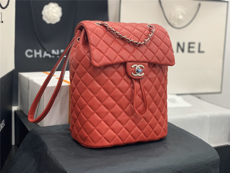 Chanel Medium Backpack Lambskin 91121 Silver-Metal Red High