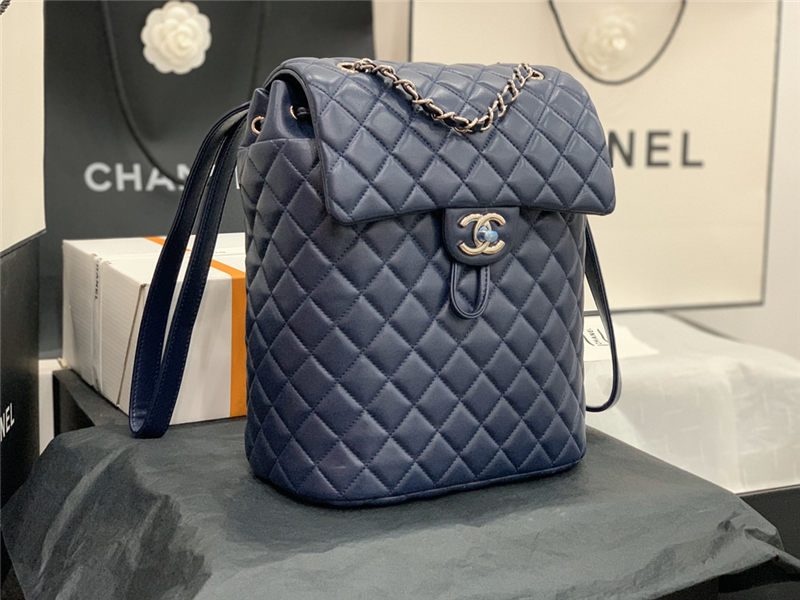 Chanel Medium Backpack Lambskin 91121 Silver-Metal Navy High