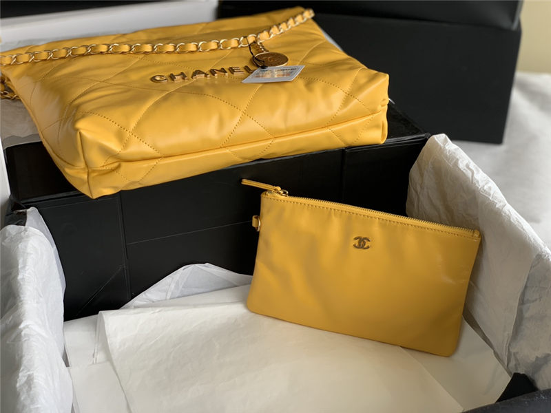 Chanel 22 SMALL HANDBAG Shiny Calfskin & Gold-Tone Metal AS3260 Yellow High