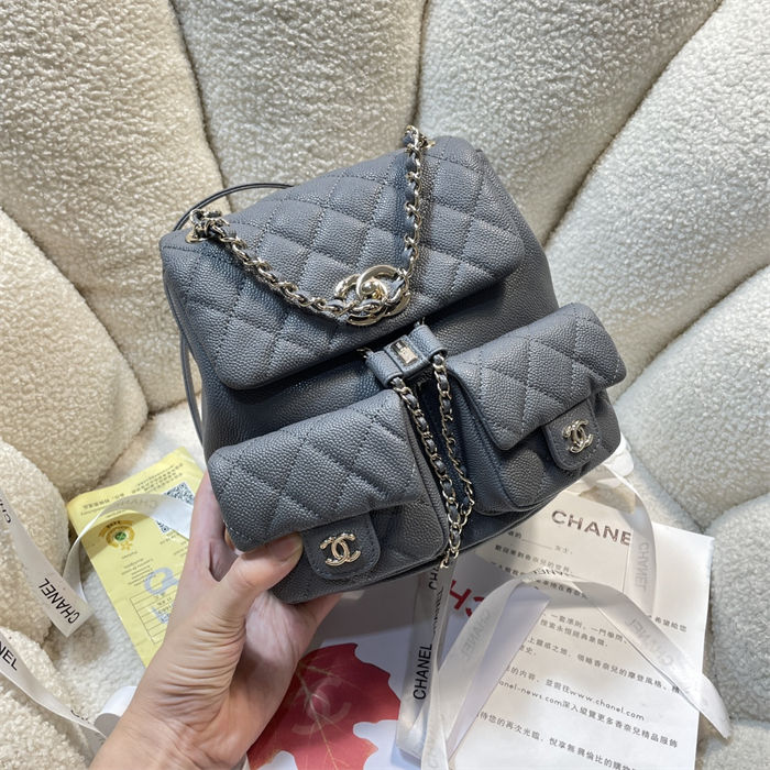 Chanel BACKPACK AS3860 Grained Shiny Calfskin & Gold-Tone Metal Grey A