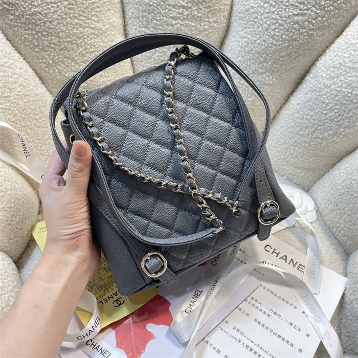 Chanel BACKPACK AS3860 Grained Shiny Calfskin & Gold-Tone Metal Grey A