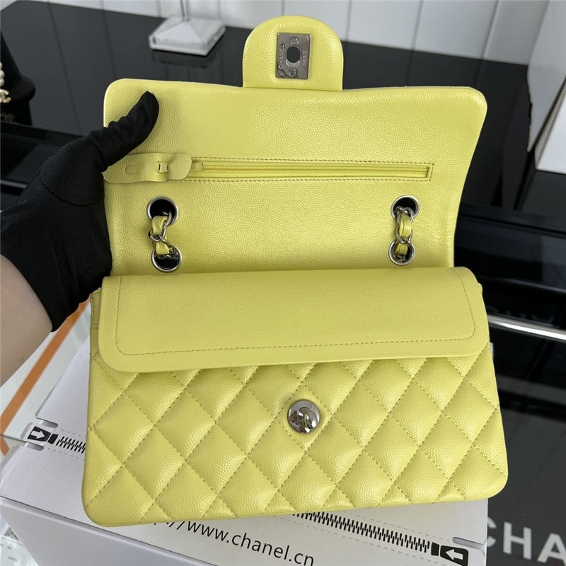 Small CLASSIC HANDBAG Grained Calfskin Silver Metal Yellow A