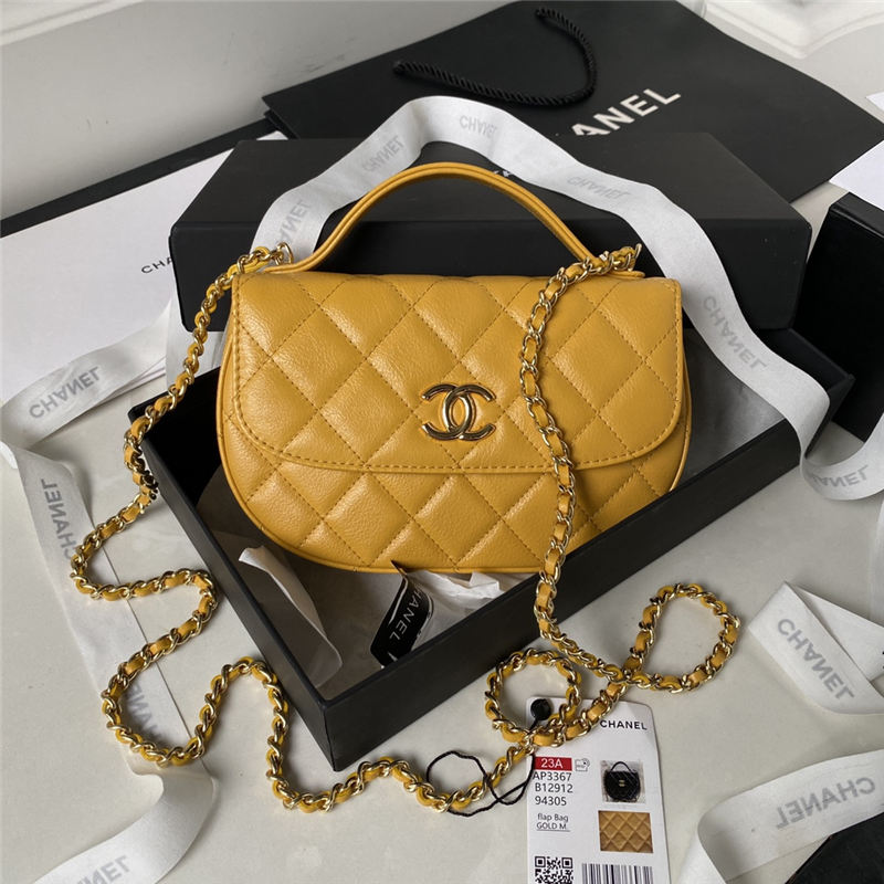 Chanel FLAP BAG With Top Handle AP3367 Shiny Aged Calfskin & Gold-Tone Metal Mustard High