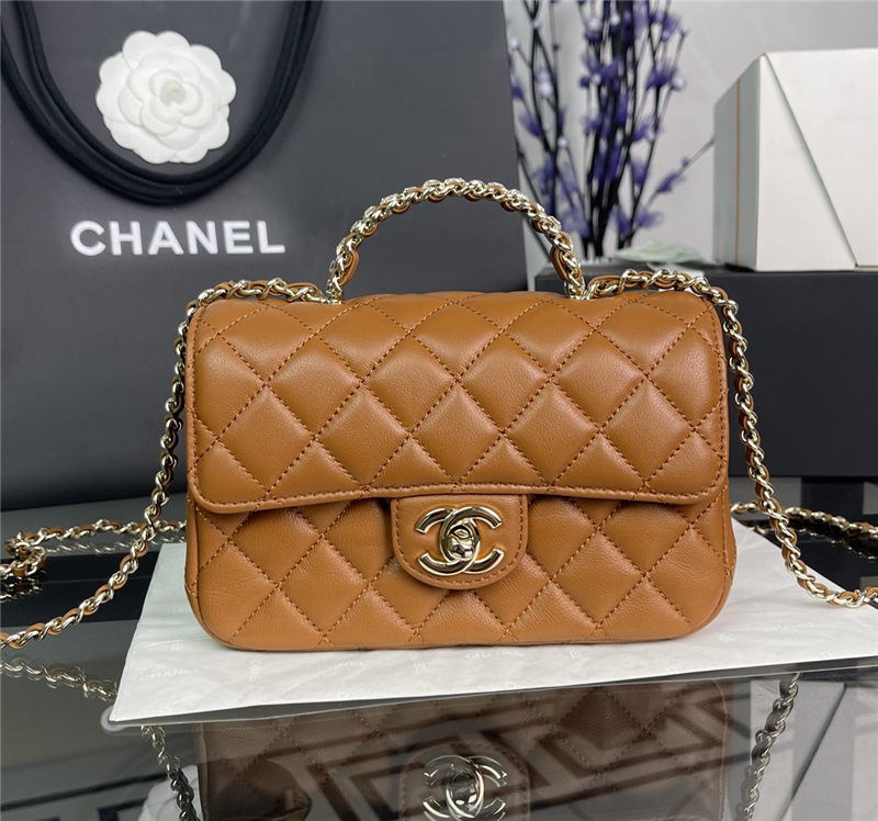 Chanel MINI FLAP BAG With Top Diamond Handle Lambskin & Gold-Tone Metal AS4140 Caramel High