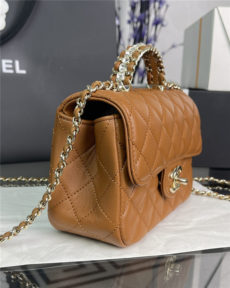 Chanel MINI FLAP BAG With Top Diamond Handle Lambskin & Gold-Tone Metal AS4140 Caramel High