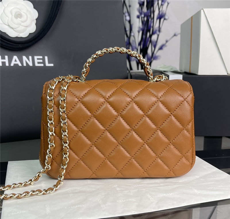 Chanel MINI FLAP BAG With Top Diamond Handle Lambskin & Gold-Tone Metal AS4140 Caramel High