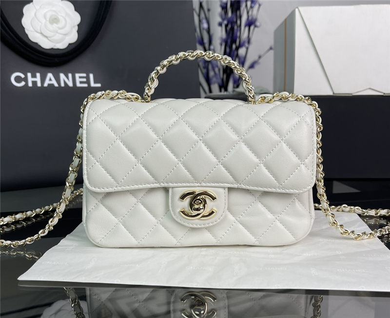 Chanel MINI FLAP BAG With Top Diamond Handle Lambskin & Gold-Tone Metal AS4140 White High