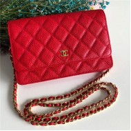 Classic Wallet on Chain A33814 Grained Calfskin Red Gold Metal B