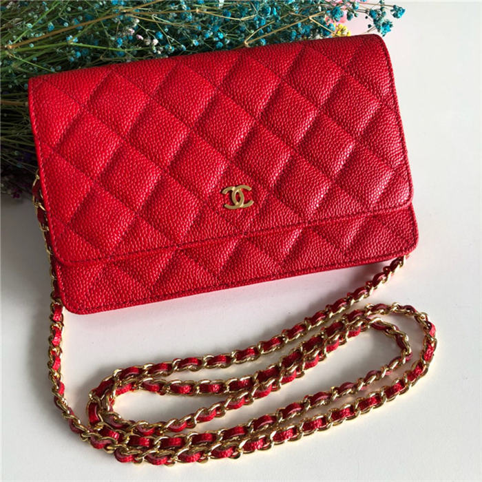 Chanel Wallet on Chain Grained Calfskin Red Gold Metal B