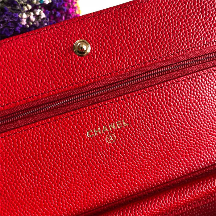 Classic Wallet on Chain A33814 Grained Calfskin Red Gold Metal B