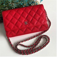 Chanel Wallet on Chain Grained Calfskin Red Silver Metal B