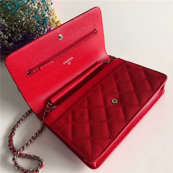 Chanel Wallet on Chain Grained Calfskin Red Silver Metal B