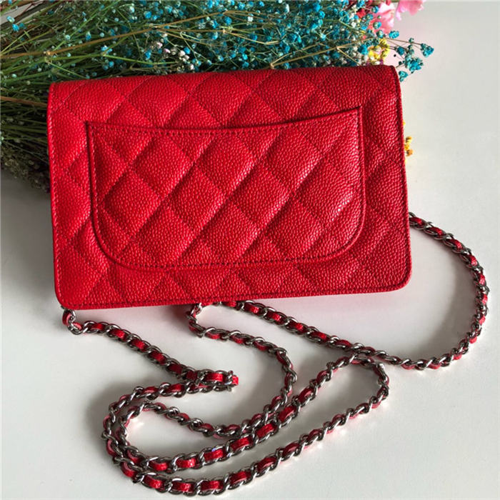 Chanel Wallet on Chain Grained Calfskin Red Silver Metal B