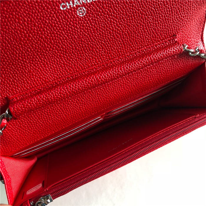 Chanel Wallet on Chain Grained Calfskin Red Silver Metal B