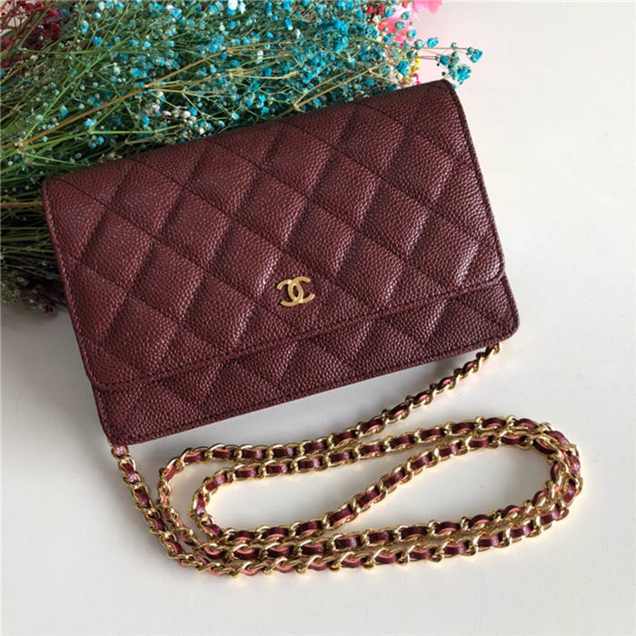 Classic Wallet on Chain A33814 Grained Calfskin Burgundy Gold Metal B