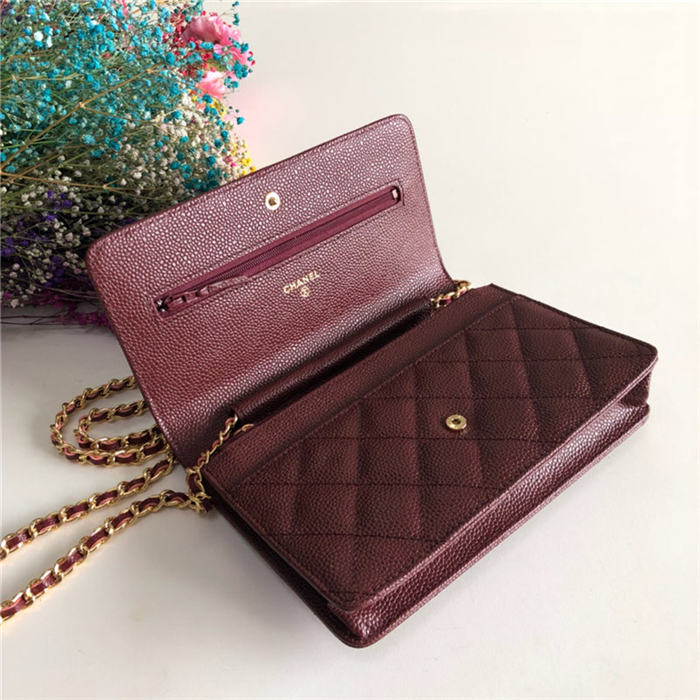 Classic Wallet on Chain A33814 Grained Calfskin Burgundy Gold Metal B