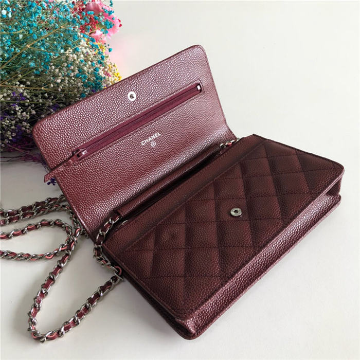 Classic Wallet on Chain A33814 Grained Calfskin Burgundy Silver Metal B