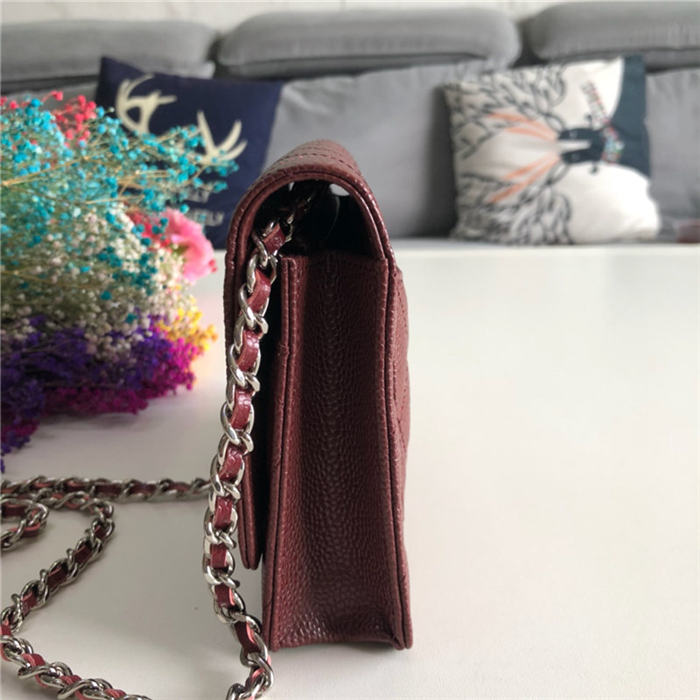 Classic Wallet on Chain A33814 Grained Calfskin Burgundy Silver Metal B