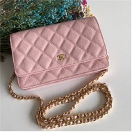 Classic Wallet on Chain A33814 Grained Calfskin Pink Gold Metal B