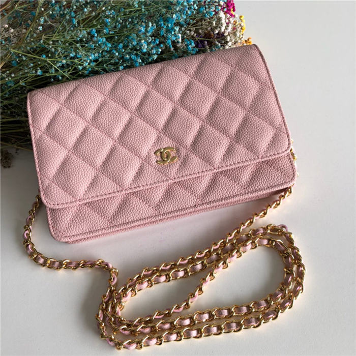 Chanel Wallet on Chain Grained Calfskin Pink Gold Metal B