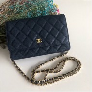 Classic Wallet on Chain A33814 Grained Calfskin Navy Gold Metal B