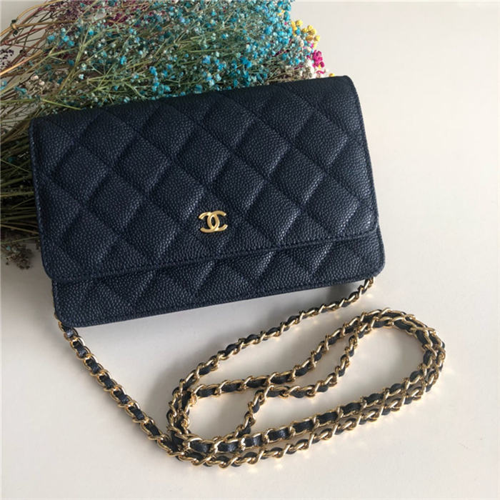 Chanel Wallet on Chain Grained Calfskin Navy Gold Metal B