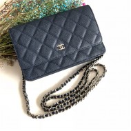 Chanel Wallet on Chain Grained Calfskin Navy Silver Metal B