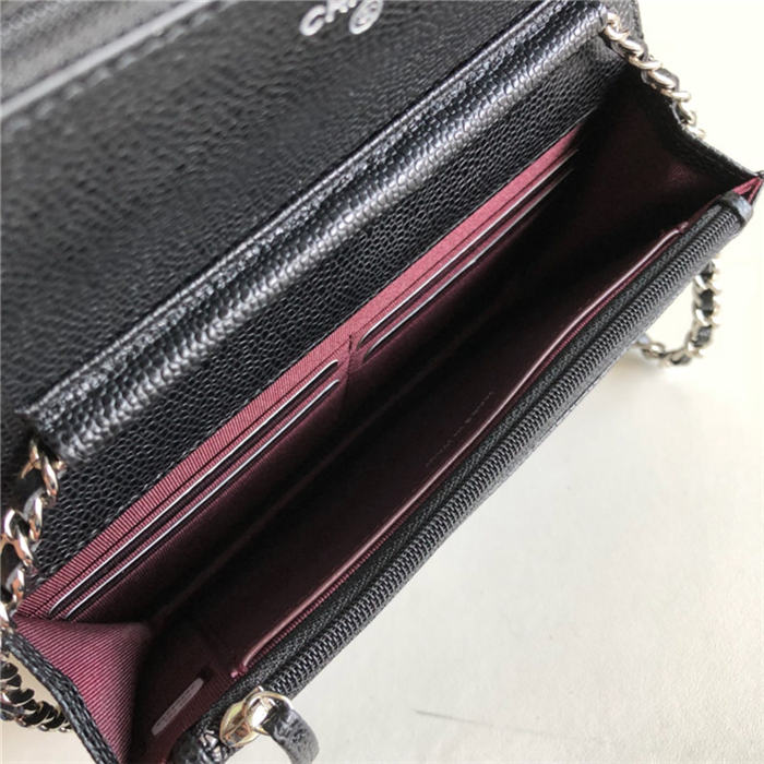 Classic Wallet on Chain A33814 Grained Calfskin Black Silver Metal B