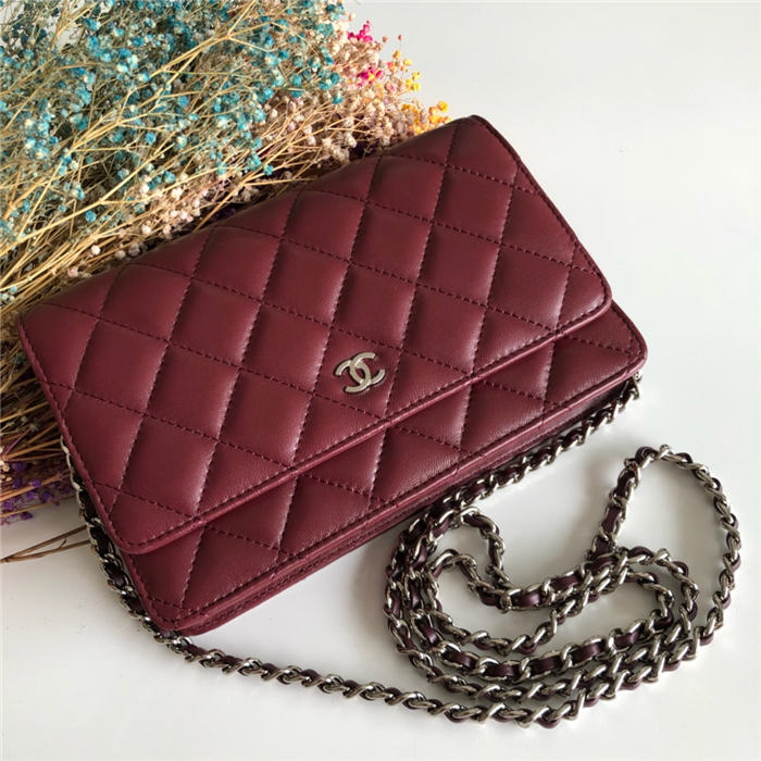 Chanel Wallet on Chain Lambskin Burgundy Silver Metal B