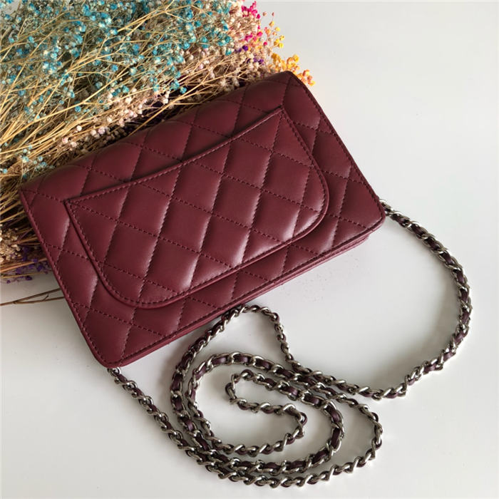 Chanel Wallet on Chain Lambskin Burgundy Silver Metal B