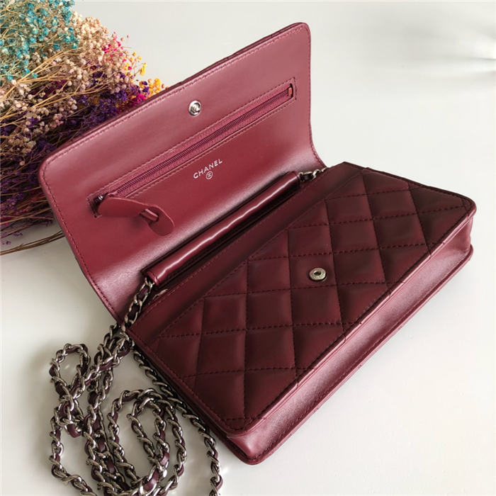 Chanel Wallet on Chain Lambskin Burgundy Silver Metal B