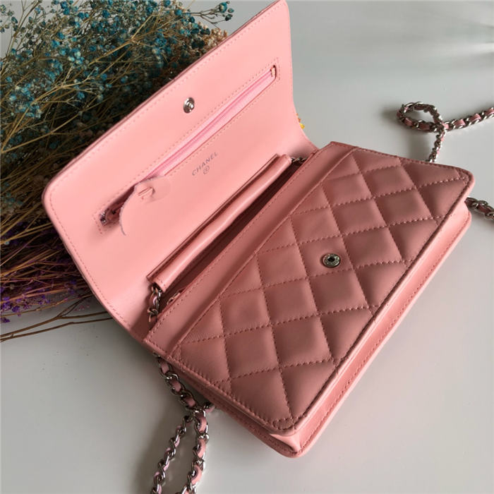 Classic Wallet on Chain A33814 Lambskin Pink Silver Metal B