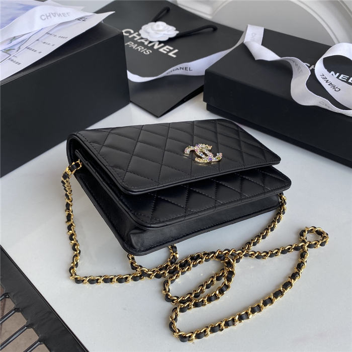 Chanel Wallet on Chain Lambskin, Zirconium & Gold-Tone Metal Black A