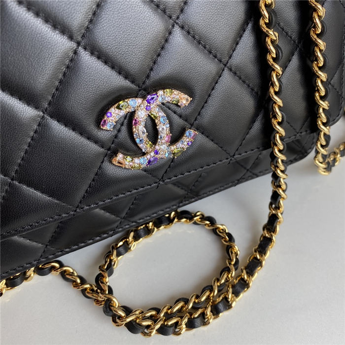 Chanel Wallet on Chain Lambskin, Zirconium & Gold-Tone Metal Black A