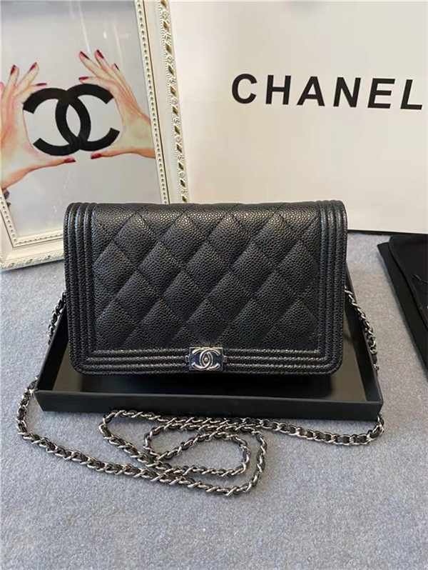 BOY Chanel WALLET ON CHAIN Grained Calfskin & Silver-Tone Metal Black High