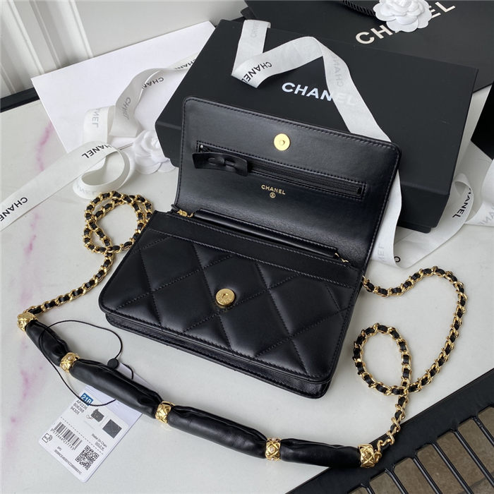 Chanel WALLET ON CHAIN Shiny Lambskin & Gold-Tone Metal Black A