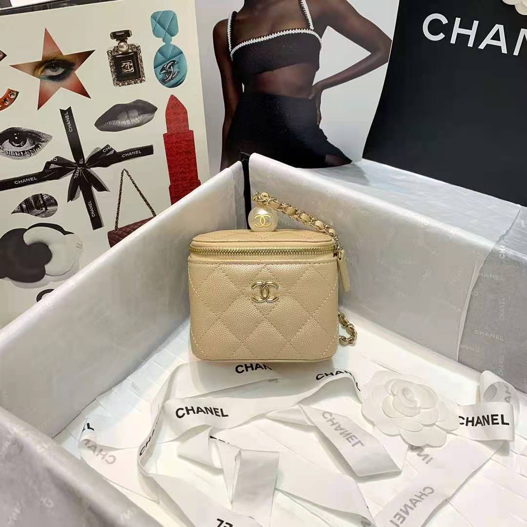 Chanel Small Vanity with Chain Grained Calfskin & Gold-Tone Metal Beige High