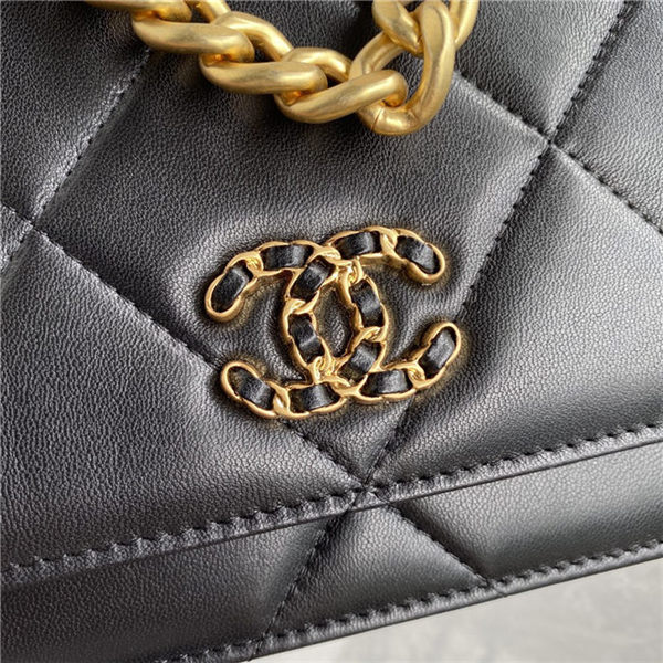 Chanel 19 WALLET ON CHAIN Shiny Lambskin Gold/Silver-Tone & Ruthenium-Finish Metal Black A