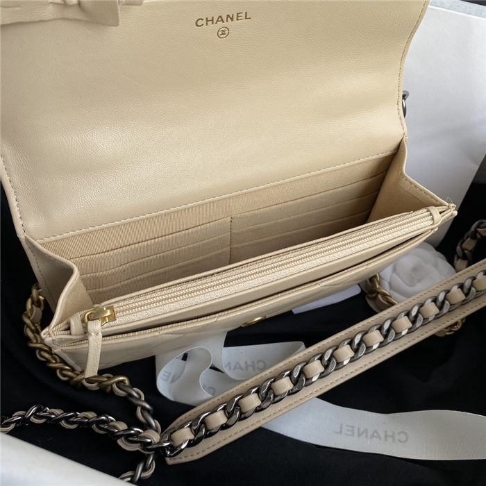 Chanel 19 WALLET ON CHAIN Shiny Lambskin Gold/Silver-Tone & Ruthenium-Finish Metal Nude A