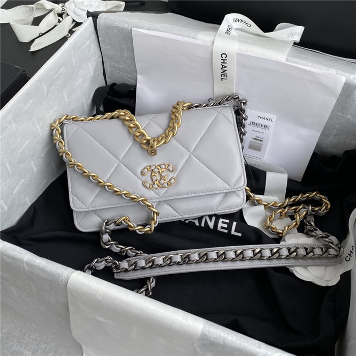 Chanel 19 WALLET ON CHAIN Shiny Lambskin Gold/Silver-Tone & Ruthenium-Finish Metal Grey A