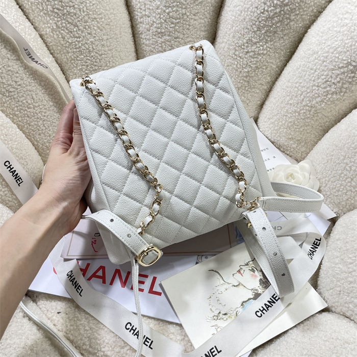 Chanel BACKPACK AS3860 Grained Shiny Calfskin & Gold-Tone Metal White A