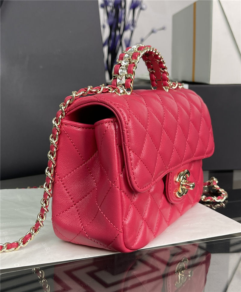 Chanel MINI FLAP BAG With Top Diamond Handle Lambskin & Gold-Tone Metal AS4140 Fuchsia High