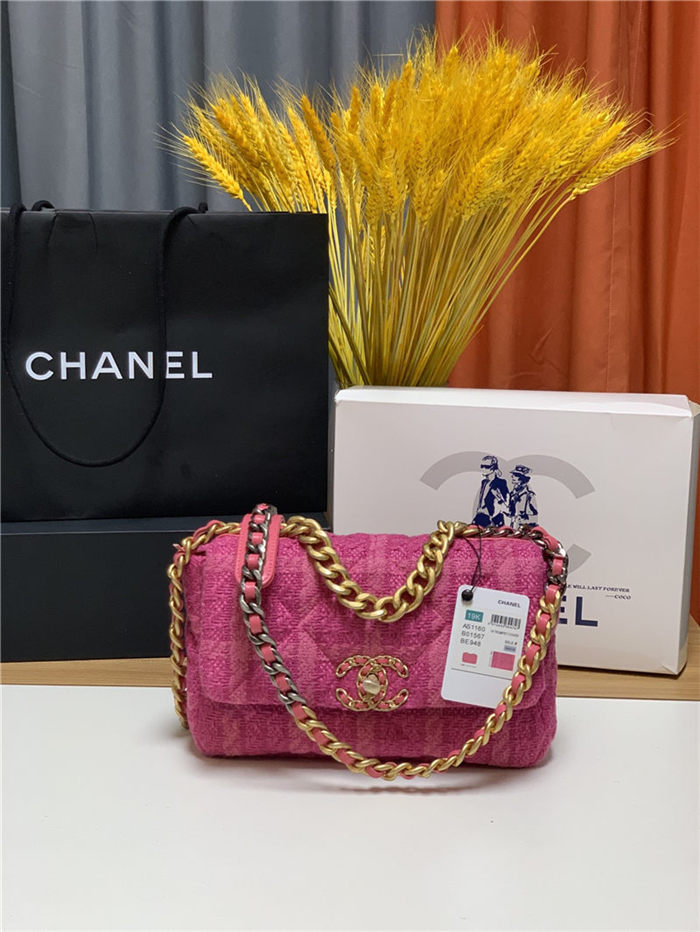 Chanel 19 Flap Bag Tweed Gold-Tone Houndstooth Fuchsia High