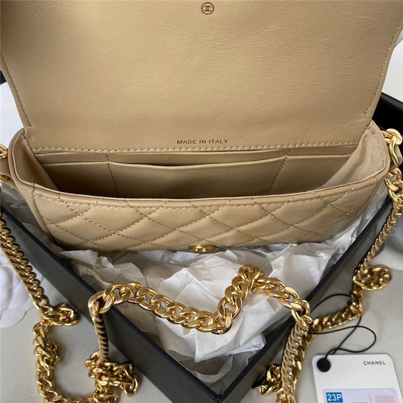 Chanel FLAP PHONE HOLDER WITH CHAIN Shiny Lambskin & Gold-Tone Metal AP3207 Beige A