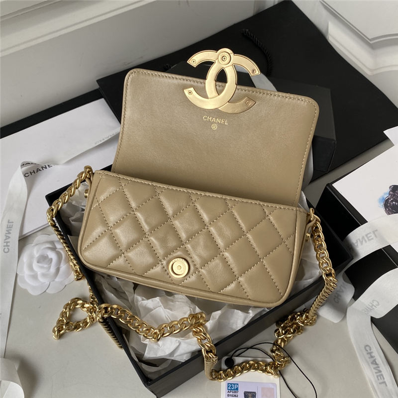 Chanel FLAP PHONE HOLDER WITH CHAIN Shiny Lambskin & Gold-Tone Metal AP3207 Beige A