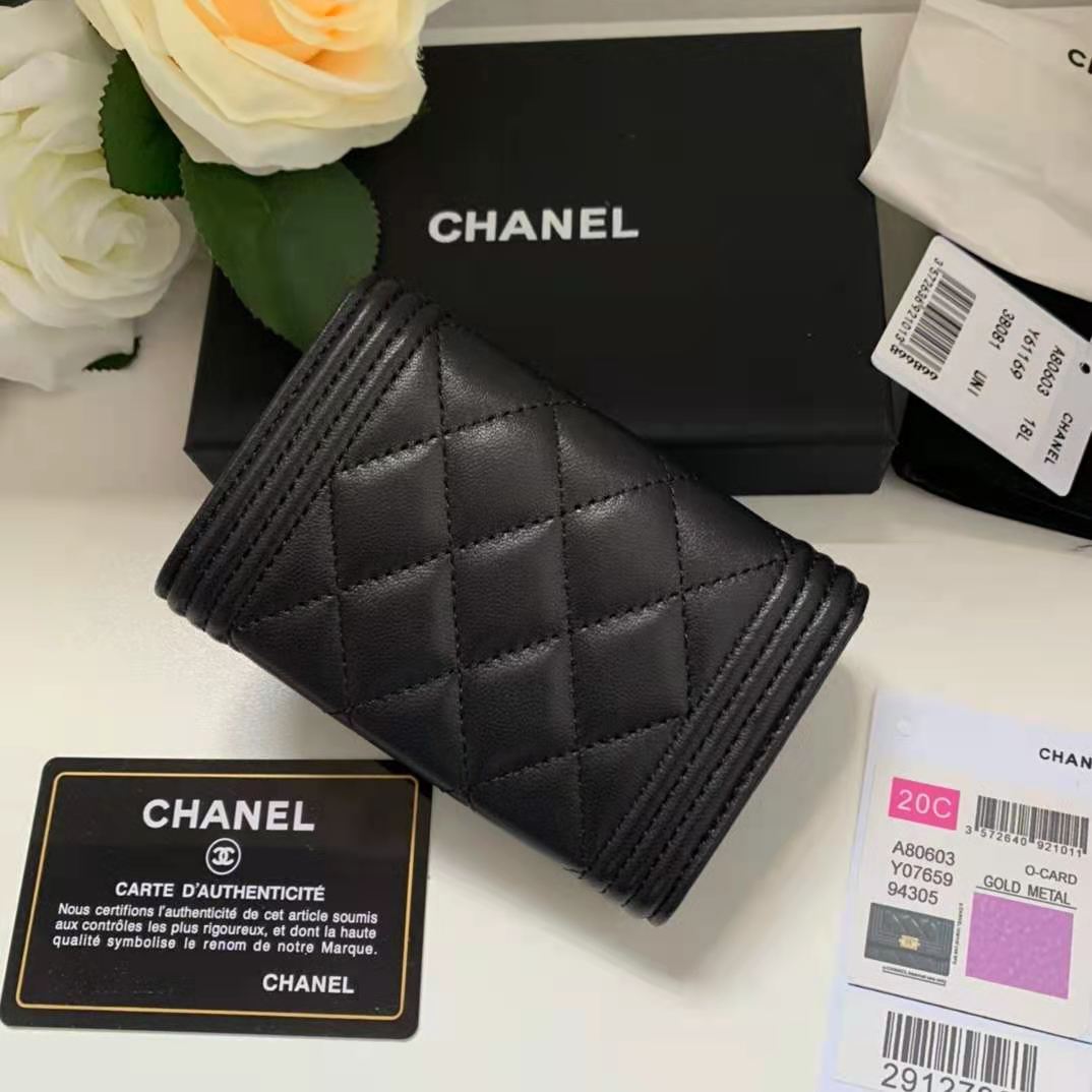 BOY Chanel CARD HOLDER Lambskin & Anti Silver-Tone Metal Black High