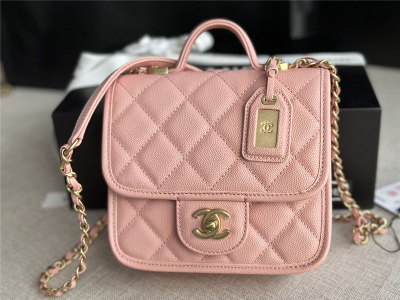 Chanel SMALL FLAP BAG WITH TOP HANDLE Grained Calfskin & Gold-Tone Metal AS3652 Pink A