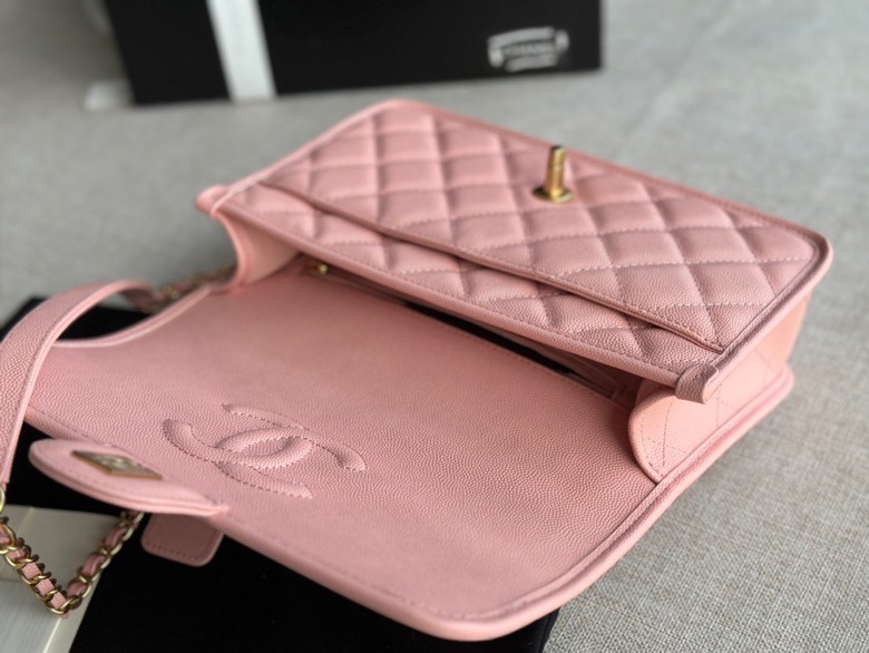 Chanel SMALL FLAP BAG WITH TOP HANDLE Grained Calfskin & Gold-Tone Metal AS3652 Pink A