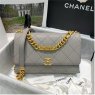 Chanel FLAP BAG Grained Calfskin & Gold-Tone Metal AS2764 Gray High