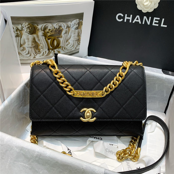 Chanel FLAP BAG Grained Calfskin & Gold-Tone Metal AS2764 Black High